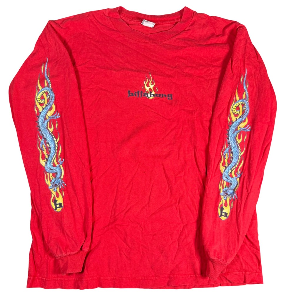 Billabong Dragon Flame Graphic Tee Mens L Red Vintage Y2K Long Sleeve Surf Shirt